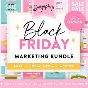 Puede incluir: Un paquete de plantillas de diseño gráfico rosa y blanco para las ventas del Black Friday. El paquete incluye publicaciones en redes sociales, plantillas de correo electrónico y gráficos para sitios web. El texto "Black Friday Marketing Bundle" aparece en letras grandes y negritas. El texto "Fácil de editar con tus fuentes y colores de marca" aparece en la parte inferior de la imagen.