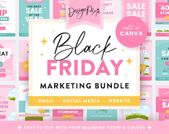 Black Friday e-postmallar Canva - Försäljning Marknadsföring Instagram - Popups - Webbplatsbanners - Guide - E-postämnen - Grafik - Design Pixie