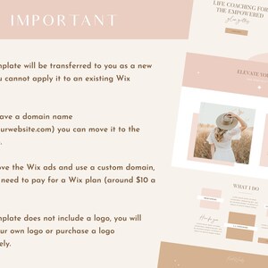 Puede incluir: Una plantilla de sitio web para entrenadores de vida, con un esquema de color rosa y marr&oacute;n con texto que dice "Life Coaching for the Empowered" y "Elevate Your Life". El sitio web tambi&eacute;n incluye una foto de una mujer con un sombrero y un vestido blanco.