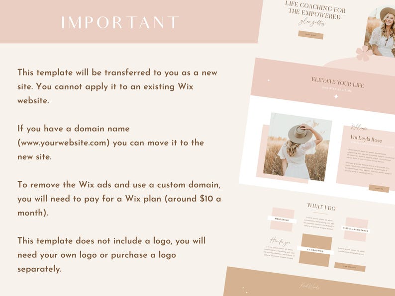 Puede incluir: Una plantilla de sitio web para entrenadores de vida, con un esquema de color rosa y marr&oacute;n con texto que dice "Life Coaching for the Empowered" y "Elevate Your Life". El sitio web tambi&eacute;n incluye una foto de una mujer con un sombrero y un vestido blanco.