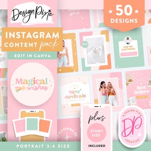 Könnte beinhalten: Eine Sammlung von Instagram-Content-Vorlagen in Pastellfarben, darunter Rosa, Mintgrün und Pfirsich. Das Design zeigt den Text "Design Pixie", "Instagram Content Pack" und "Magical Wishes". Das Paket enthält 50 Designs und ist in Canva bearbeitbar.