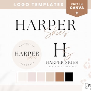 Könnte beinhalten: Logo-Vorlagen für Harper Skies Aesthetic Lifestyle, mit einem runden Logo mit dem Text "Harper Skies" und den Worten "Aesthetic Lifestyle" in einem Kreis, einem Monogramm-Logo mit den Buchstaben "HS" und einer Farbpalette in Beige, Braun und Schwarz.