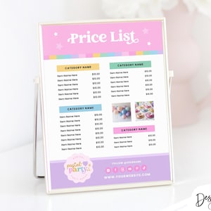 May include: A pink and white price list sign with the text "Price List" in a colorful font. The sign lists different categories of items with their prices. The sign also includes a pastel party logo with a heart and the text "pastel party".