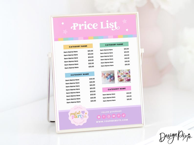 May include: A pink and white price list sign with the text "Price List" in a colorful font. The sign lists different categories of items with their prices. The sign also includes a pastel party logo with a heart and the text "pastel party".
