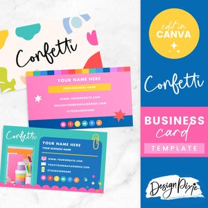 May include: Business card templates with a confetti theme. The design includes colorful abstract shapes, stars, and social media icons. The text includes "Confetti", "Your Name Here", and "Business Card Template". A vertical blue and pink graphic reads "Edit in Canva".