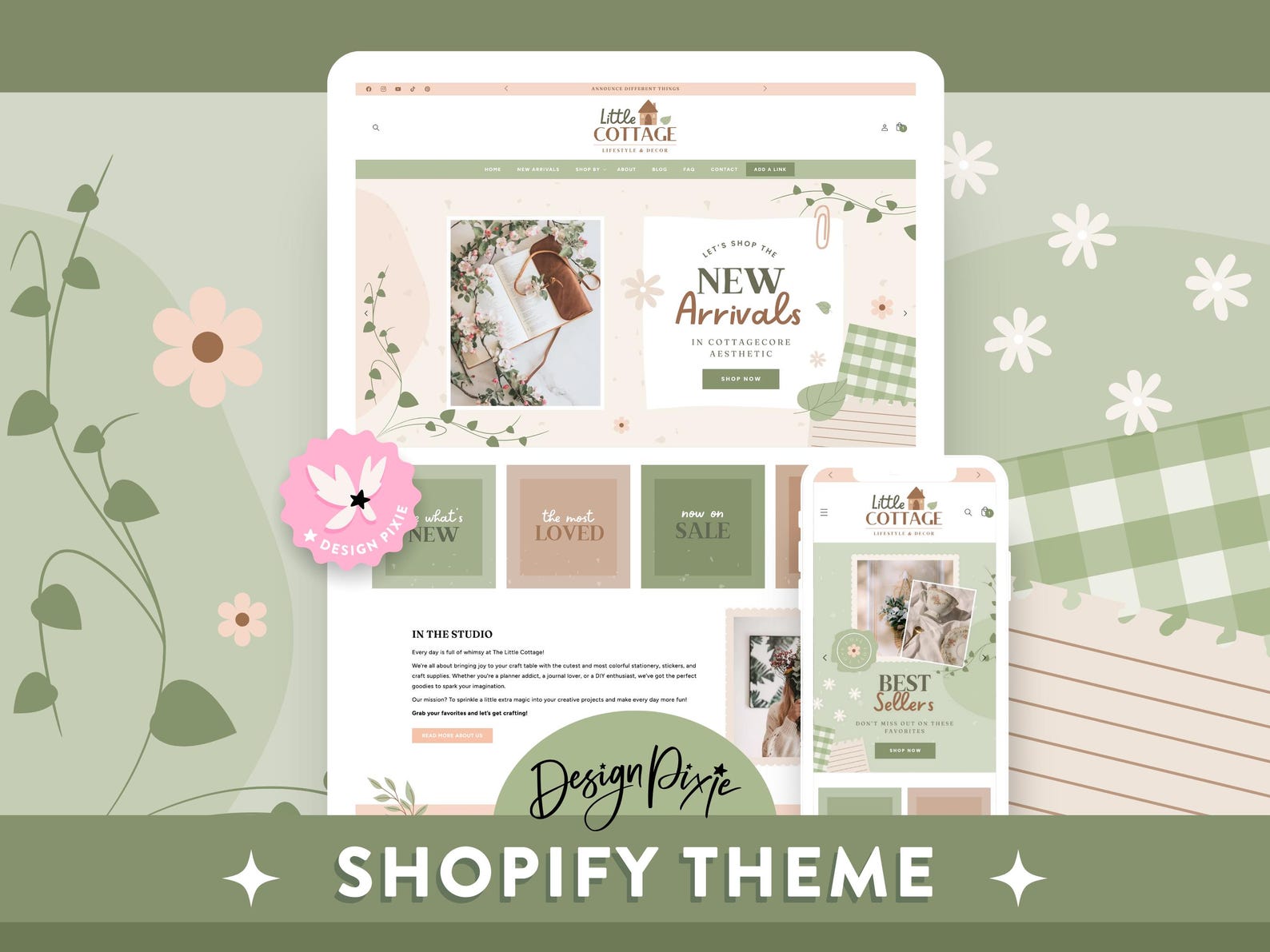 Cottagecore Aesthetic Shopify Theme - Sage Green Peach Shopify Template ...