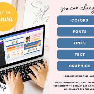 May include: A laptop computer displaying a Canva design template for a website. The template features a colorful design with the text "Reach for the Stars" and "Teacher". The image also includes a text overlay that says "Edit in Canva" and a list of customizable elements: Colors, Fonts, Links, Text, and Graphics. The text "Logo Design Not Included" and "Your finished website will have a black "Designed with Canva" bar at the bottom which can't be removed." is also included.