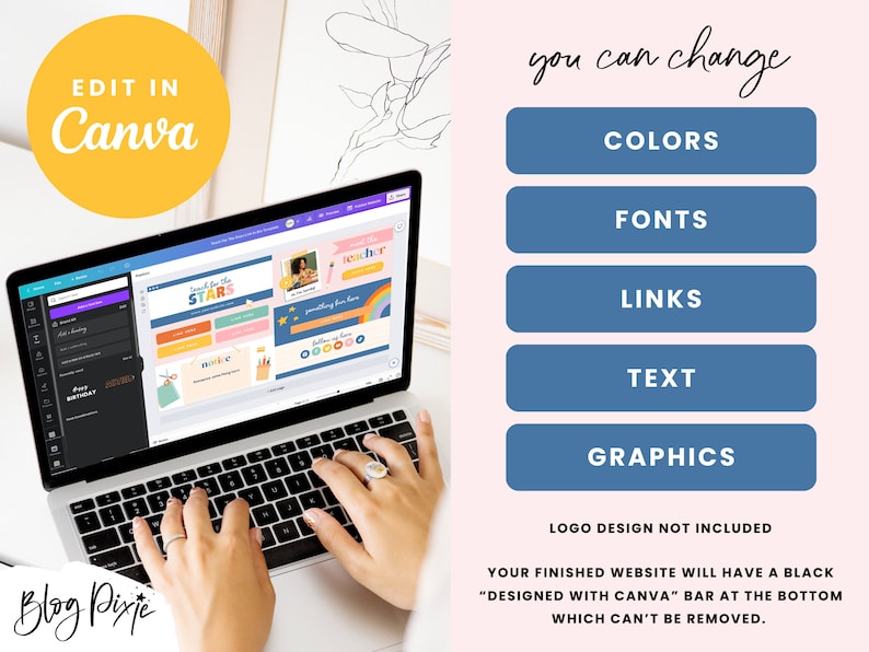 May include: A laptop computer displaying a Canva design template for a website. The template features a colorful design with the text "Reach for the Stars" and "Teacher". The image also includes a text overlay that says "Edit in Canva" and a list of customizable elements: Colors, Fonts, Links, Text, and Graphics. The text "Logo Design Not Included" and "Your finished website will have a black "Designed with Canva" bar at the bottom which can't be removed." is also included.