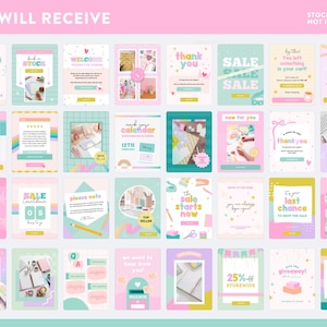 May include: A set of 18 colorful social media templates featuring pastel pink, blue, and green colors with rainbow accents. The templates include text such as "New Arrivals", "Sale Countdown", "Thank You", and "Mark Your Calendar".