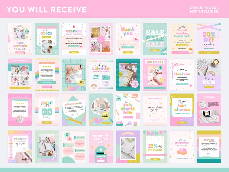 May include: A set of 18 colorful social media templates featuring pastel pink, blue, and green colors with rainbow accents. The templates include text such as "New Arrivals", "Sale Countdown", "Thank You", and "Mark Your Calendar".