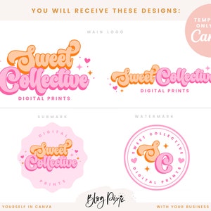 Pink retro logo design template to edit in Canva with hearts and stars