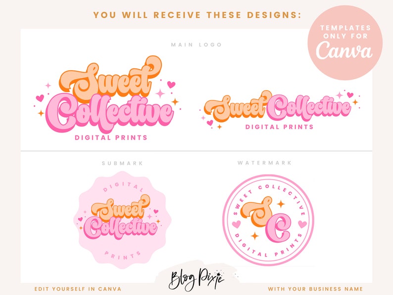 Pink retro logo design template to edit in Canva with hearts and stars