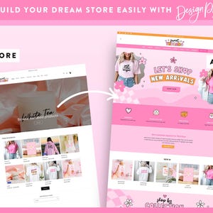 May include: A website design comparison showing a "before" and "after" view. The "before" site is white, while the "after" site has a pink theme with the text "LET'S SHOP NEW ARRIVALS" and "sweet threads" at the top.