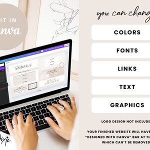 May include: A laptop computer displaying a website design template in Canva. The template is for a website with the text "Aesthetic Life" and has a light brown background. The text "you can change" is displayed above five buttons: Colors, Fonts, Links, Text, and Graphics. The text "LOGO DESIGN NOT INCLUDED" is displayed below the buttons. The text "YOUR FINISHED WEBSITE WILL HAVE A BLACK "DESIGNED WITH CANVA" BAR AT THE BOTTOM WHICH CAN'T BE REMOVED." is displayed below the logo text.
