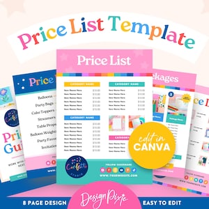Puede incluir: Una plantilla de lista de precios colorida con un tema rosa y turquesa. El diseño incluye varias páginas con diseños de lista de precios, una guía de precios y el texto "Price List Template". La plantilla es fácil de editar en Canva.
