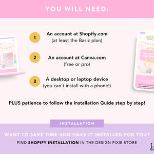May include: A pink and white graphic with the text "YOU WILL NEED:" followed by instructions for Shopify, Canva, and a desktop device. A laptop and phone are also shown. The bottom of the graphic says "PLUS patience to follow the Installation Guide step by step!"