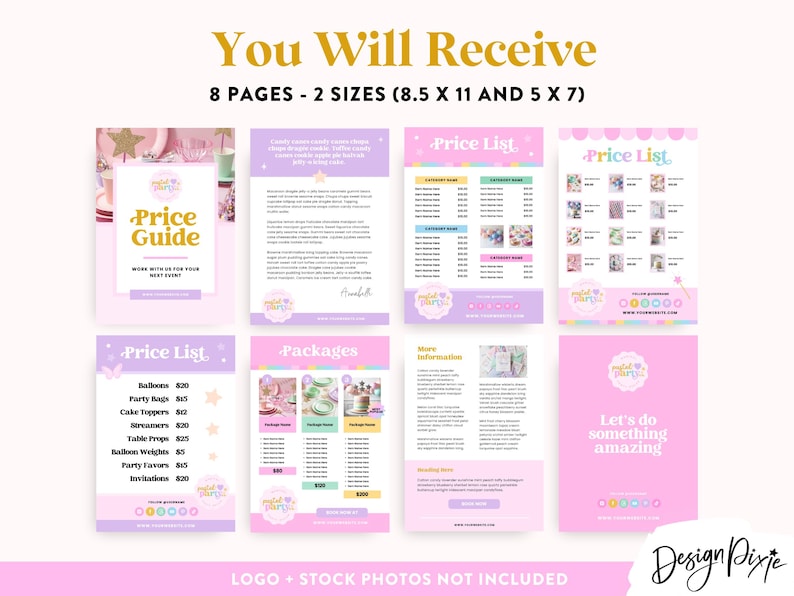 May include: A set of eight printable pages for a party planning business. The pages are in pink, purple, and white with a whimsical design. The pages include a price guide, price list, packages, and more information. The text on the pages includes "Price Guide", "Price List", "Packages", and "More Information".