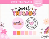 Pink Retro Logo Template Canva - Editable Logo Design Hearts and Flowers - Small Business Logo - Clothing Brand Boutique - ST01 - Blog Pixie