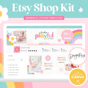 Etsy Shop Templates Rainbow - Etsy Banner Templates Canva - Etsy Store Listing Design - Playful Colorful Branding - PF01 - Blog Pixie