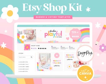 Etsy Shop Templates Rainbow - Etsy Banner Templates Canva - Etsy Store Listing Design - Playful Colorful Branding - PF01 - Blog Pixie