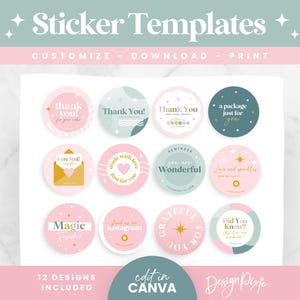 Op de afbeelding: Twaalf ronde sticker sjablonen met verschillende ontwerpen in roze, blauw en goud. De stickers bevatten tekst zoals "Bedankt", "Leuke spullen", "Magie", "Dankbaar voor jou" en "Wist je?" De tekst is in een modern, handschriftlijk lettertype. De stickers zijn ontworpen om te worden bewerkt in Canva.
