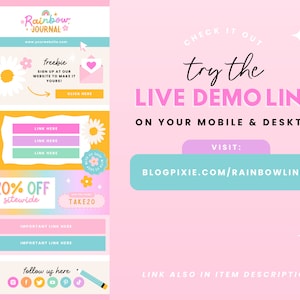 K&ouml;nnte beinhalten: Eine rosa und blaue Grafik mit dem Text "Rainbow Journal" und einem Link zu einer Website. Die Grafik enth&auml;lt auch ein Gratisangebot, Links zu sozialen Medien und einen Rabatt von 20 %. Der Text "Check it out, try the LIVE DEMO LINK on your mobile & desktop. Visit: BLOGPIXIE.COM/RAINBOWLINKS" ist ebenfalls enthalten.