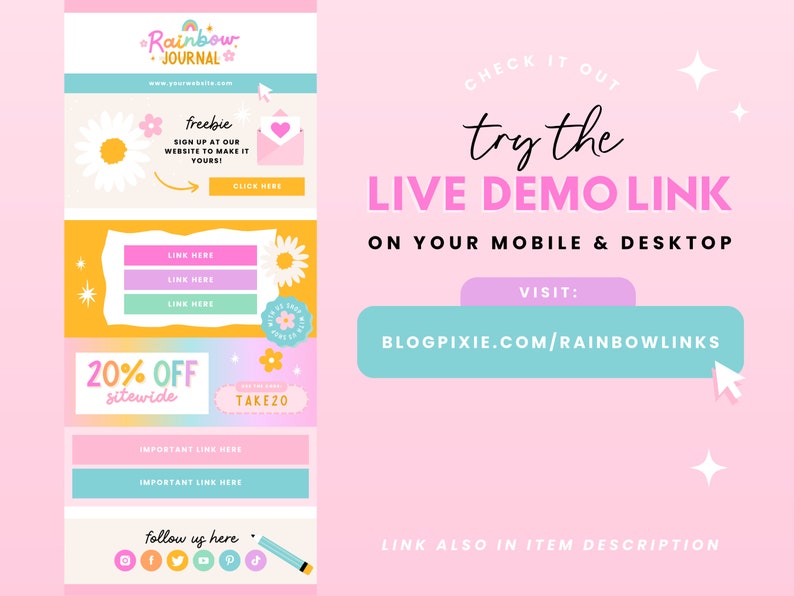 K&ouml;nnte beinhalten: Eine rosa und blaue Grafik mit dem Text "Rainbow Journal" und einem Link zu einer Website. Die Grafik enth&auml;lt auch ein Gratisangebot, Links zu sozialen Medien und einen Rabatt von 20 %. Der Text "Check it out, try the LIVE DEMO LINK on your mobile & desktop. Visit: BLOGPIXIE.COM/RAINBOWLINKS" ist ebenfalls enthalten.