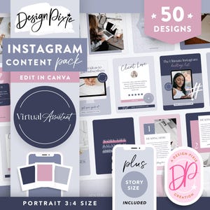 May include: Digital Instagram content pack with 50 designs, including story and post templates. The design features a navy blue, pink, and white colour scheme. The pack is for virtual assistants and is editable in Canva.