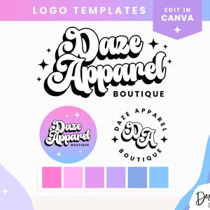 Può includere: Un modello di design del logo per un'azienda chiamata "Daze Apparel Boutique". Il logo presenta un carattere stilizzato con il testo "Daze Apparel Boutique" in bianco e nero. Il logo è mostrato in due stili diversi, uno con uno sfondo sfumato e l'altro con un bordo circolare. È inclusa anche una tavolozza di colori con campioni di colore rosa, viola e blu.