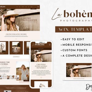 May include: A Wix website template for photographers, featuring a brown and white color scheme with the text "La boh&egrave;me Photography" and "Wix Template". The template is easy to edit, mobile responsive, has custom fonts, and includes a complete design.