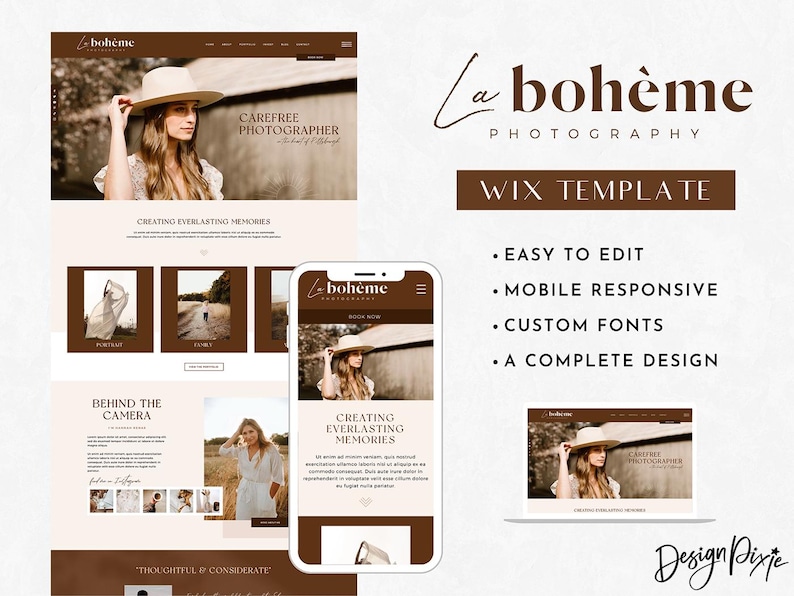 May include: A Wix website template for photographers, featuring a brown and white color scheme with the text "La boh&egrave;me Photography" and "Wix Template". The template is easy to edit, mobile responsive, has custom fonts, and includes a complete design.