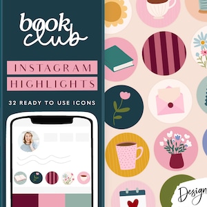 May include: A teal graphic with the words "book club" in white script, and "Instagram Highlights" in pink. The image includes 32 ready-to-use icons, a phone mockup, and various circular icons with illustrations.