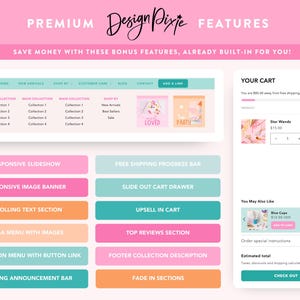 May include: A pink and white graphic promoting premium features. The image includes a website layout, shopping cart details, and feature descriptions like "Responsive Slideshow" and "Free Shipping Progress Bar."