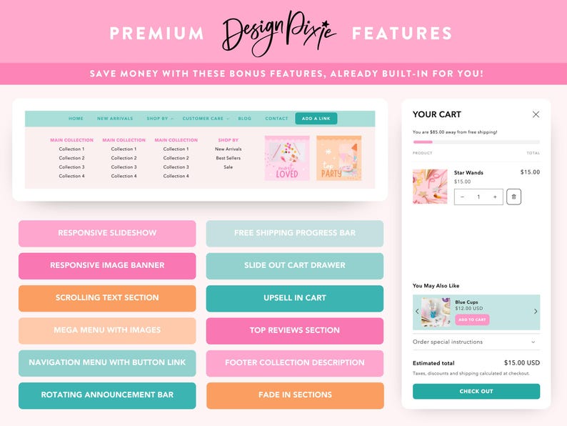 May include: A pink and white graphic promoting premium features. The image includes a website layout, shopping cart details, and feature descriptions like "Responsive Slideshow" and "Free Shipping Progress Bar."