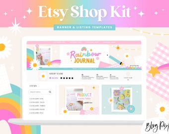 Etsy Shop Kit Canva - Etsy Banner Templates Rainbow - Etsy Store Listing Design - Etsy Seller - Colorful Branding Mockups - RJ01 Blog Pixie