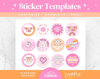 Plantilla de calcomanía retro rosa de Canva - Calcomanías de agradecimiento - Plantilla de calcomanía para empaque - Diseños de etiquetas para pequeñas empresas ST01 Blog Pixie