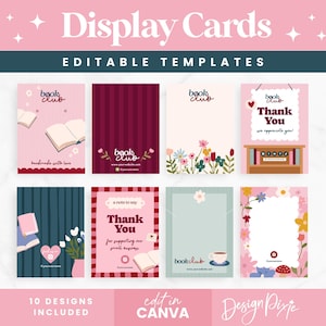 May include: A collection of ten display card designs with various illustrations, including books, flowers, and a coffee cup. The cards feature the text "Display Cards" and "Editable Templates". The design includes the text "Thank You" and "Book Club".