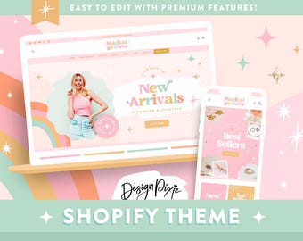 Pastel Rainbow Shopify Theme - Canva Website Design Template - Pink Pretty Feminine Shop Boutique - Magical Wishes MW01 - Design Pixie