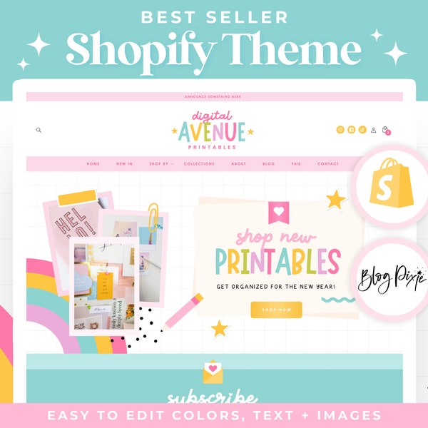 Shopify Theme for Digital Products - Website Design - Shopify 2.0 Template - Rainbow Pink Shopify Banners Printables Shopify DI01 Blog Pixie