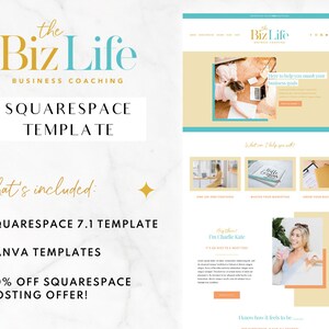 K&ouml;nnte beinhalten: Ein Website-Design f&uuml;r das Business-Coaching "The Biz Life" mit einer Squarespace-Vorlage. Das Design umfasst ein hellgelbes und t&uuml;rkisfarbenes Farbschema mit dem Text "Squarespace Template" und "What's Included" prominent angezeigt.