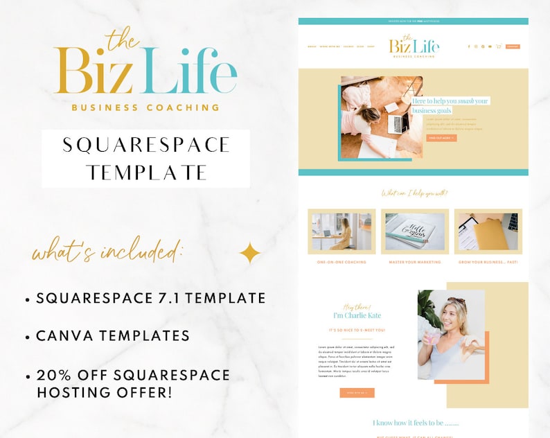 K&ouml;nnte beinhalten: Ein Website-Design f&uuml;r das Business-Coaching "The Biz Life" mit einer Squarespace-Vorlage. Das Design umfasst ein hellgelbes und t&uuml;rkisfarbenes Farbschema mit dem Text "Squarespace Template" und "What's Included" prominent angezeigt.