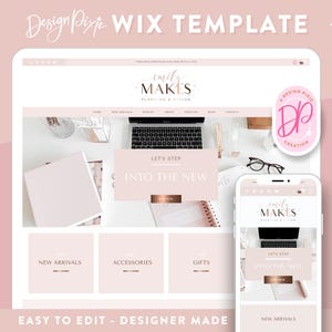 May include: A pink and white Wix website template with the text "emily MAKES" and "LET'S STEP INTO THE NEW". The template features a pink and white colour scheme and a minimalist design. The website is easy to edit and designer made.