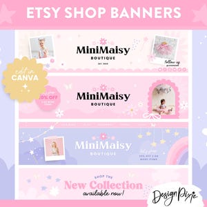 Girly Pink Etsy Shop Banner Templates - Feminine Bows, Butterflies, Flowers - Editable in Canva for Cute Boutiques - MN01 Design Pixie