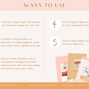 May include: A graphic with five numbered steps on how to use a digital template. The steps include saving as a jpg image for Instagram reels, stories, and Pinterest Idea Pins. The graphic also includes a sample of a Pinterest Idea Pin with the text "Ready to Shop the new collection".