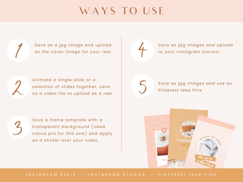 May include: A graphic with five numbered steps on how to use a digital template. The steps include saving as a jpg image for Instagram reels, stories, and Pinterest Idea Pins. The graphic also includes a sample of a Pinterest Idea Pin with the text "Ready to Shop the new collection".