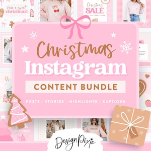 Puede incluir: Un paquete de contenido de Instagram de Navidad rosa y marrón con un árbol de jengibre, una caja de regalo y el texto "Christmas Instagram Content Bundle" en letras marrones. El texto "Posts - Stories - Highlights - Captions" también está incluido en letras marrones.