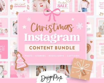 Paquete de Instagram de Navidad rosa - Contenido para redes sociales con estética femenina y coqueta - Publicaciones festivas y bonitas - CH01 - Design Pixie