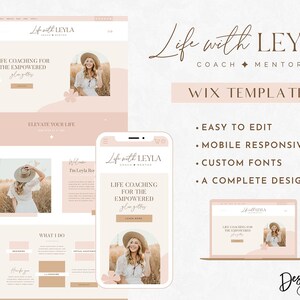 Puede incluir: Una plantilla de sitio web Wix para entrenadores de vida y mentores. La plantilla presenta un esquema de color rosa y marr&oacute;n con un dise&ntilde;o floral. El texto en la plantilla dice "Life with Leyla, Coach & Mentor, Wix Template, Easy to Edit, Mobile Responsive, Custom Fonts, A Complete Design".