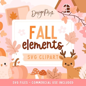 May include: A digital illustration featuring fall-themed elements. The image includes pumpkins, leaves, a deer, an owl, and the text "FALL elements SVG CLIPART". The color palette consists of orange, brown, and pink.