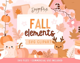 May include: A digital graphic set titled Fall elements SVG CLIPART featuring illustrations of pumpkins, an owl, a deer, mushrooms, autumn leaves, a house, and a coffee cup in shades of orange, brown, and pink on a light pink background.